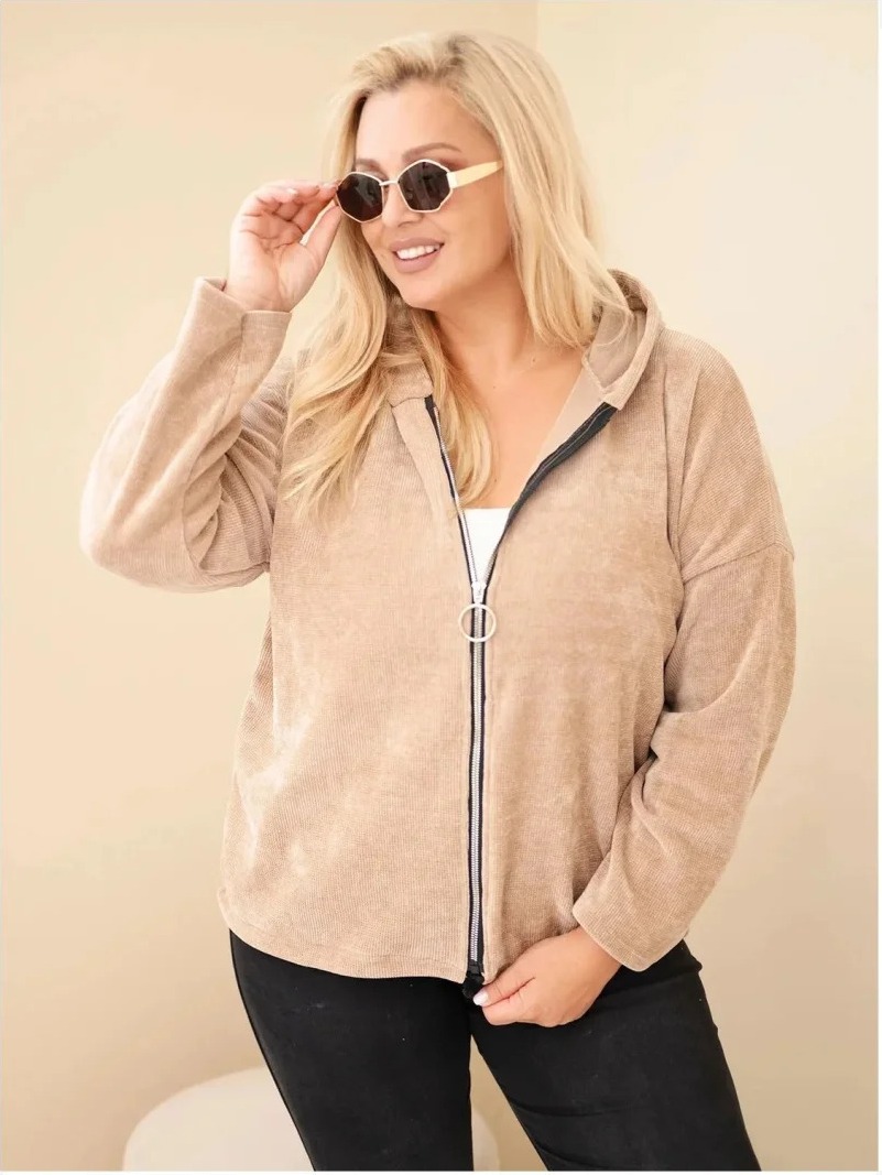Dámska plus size manšestrová mikina s kapucňou a zipsom oversize kamelová