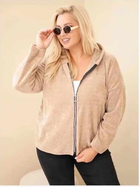 Dámska plus size manšestrová mikina s kapucňou a zipsom oversize kamelová