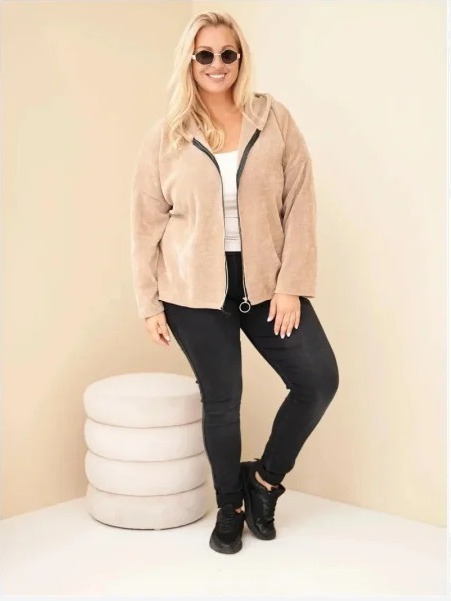 Dámska plus size manšestrová mikina s kapucňou a zipsom oversize kamelová