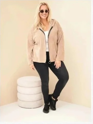 Dámska plus size manšestrová mikina s kapucňou a zipsom oversize kamelová