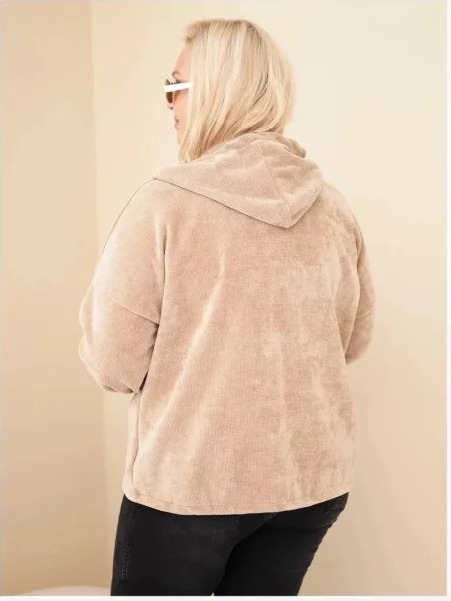 Dámska plus size manšestrová mikina s kapucňou a zipsom oversize kamelová