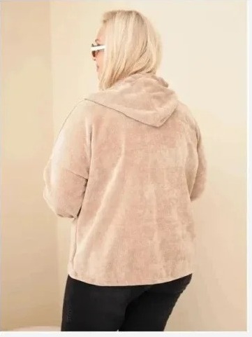 Dámska plus size manšestrová mikina s kapucňou a zipsom oversize kamelová
