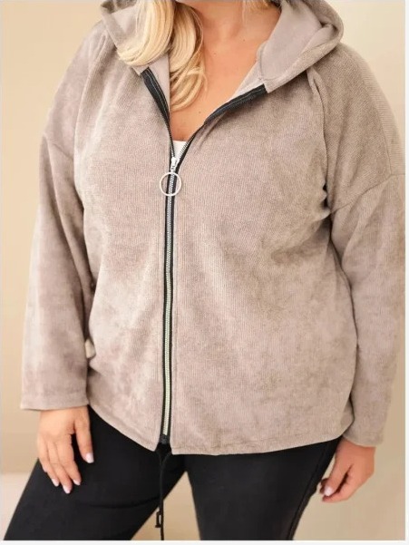 Dámska mikina Plus Size manšestrová s kapucňou a zipsom oversize fango zelená