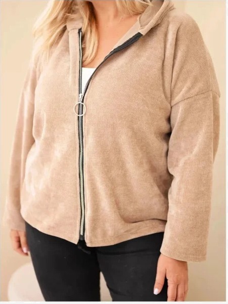 Dámska plus size manšestrová mikina s kapucňou a zipsom oversize kamelová