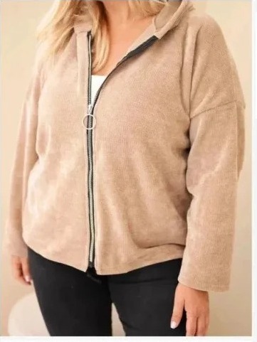 Dámska plus size manšestrová mikina s kapucňou a zipsom oversize kamelová