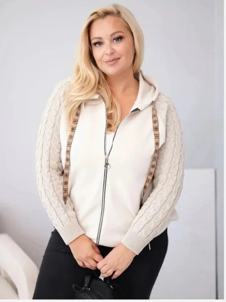 Dámska bavlnená mikina Plus Size s pletenými rukávmi a kapucňou béžová