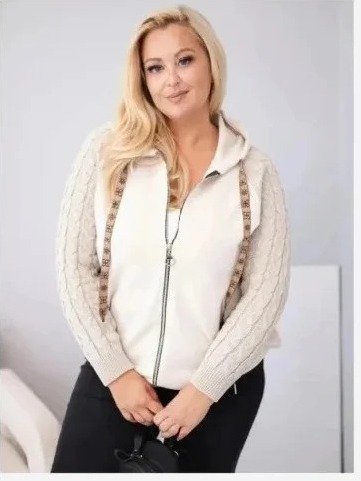 Dámska bavlnená mikina Plus Size s pletenými rukávmi a kapucňou béžová