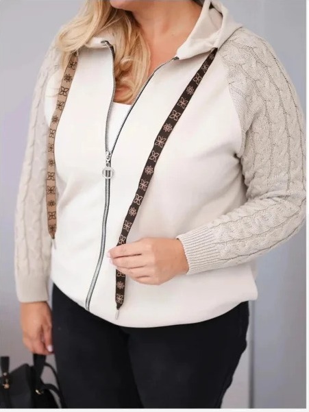 Dámska bavlnená mikina Plus Size s pletenými rukávmi a kapucňou béžová