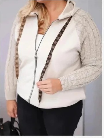 Dámska bavlnená mikina Plus Size s pletenými rukávmi a kapucňou béžová