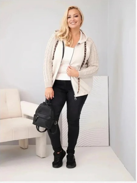 Dámska bavlnená mikina Plus Size s pletenými rukávmi a kapucňou béžová