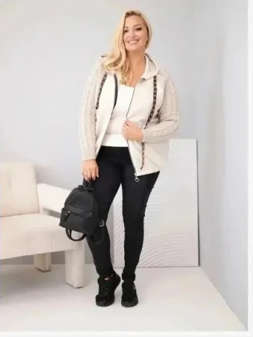 Dámska bavlnená mikina Plus Size s pletenými rukávmi a kapucňou béžová