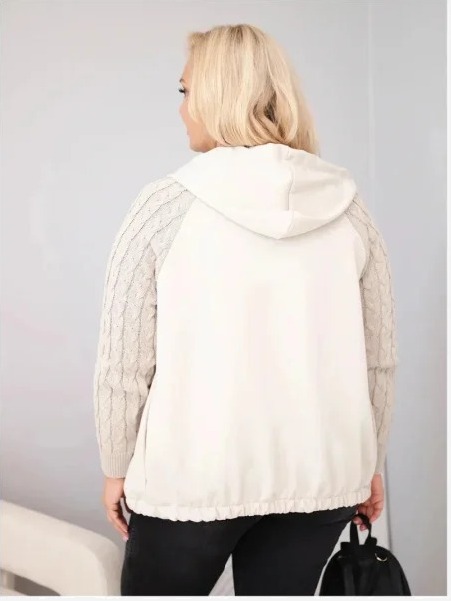 Dámska bavlnená mikina Plus Size s pletenými rukávmi a kapucňou béžová