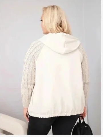 Dámska bavlnená mikina Plus Size s pletenými rukávmi a kapucňou béžová
