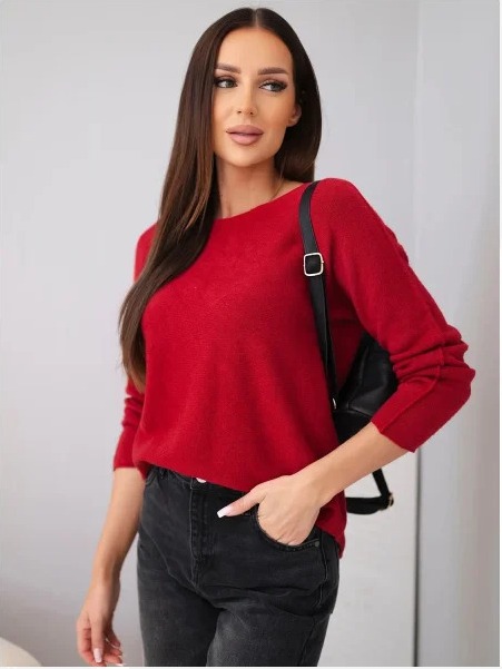 Dámsky sveter z viskózy s dlhým rukávom a okrúhlym výstrihom bordový