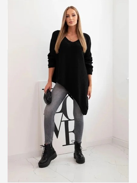 Dámsky asymetrický sveter z vlny Plus Size s výstrihom do V čierny