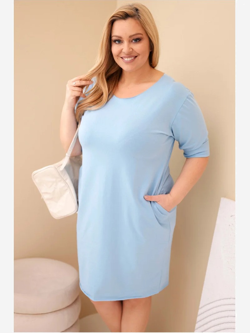 Dámske šaty Plus Size z bavlnou s jednoduchým strihom a rukávom 3/4 modrá
