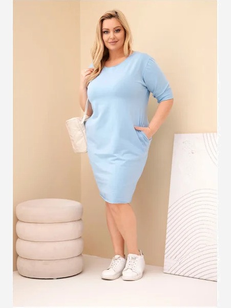 Dámske šaty Plus Size z bavlnou s jednoduchým strihom a rukávom 3/4 modrá