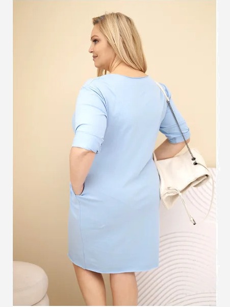 Dámske šaty Plus Size z bavlnou s jednoduchým strihom a rukávom 3/4 modrá