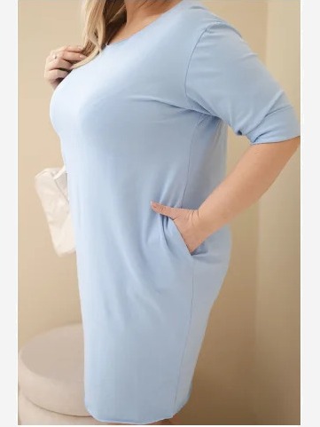 Dámske šaty Plus Size z bavlnou s jednoduchým strihom a rukávom 3/4 modrá