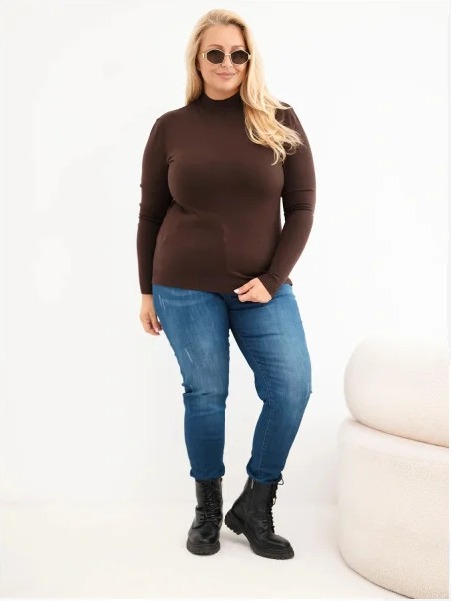 Dámsky sveter Plus Size z viskózy s rolákom tmavohnedý