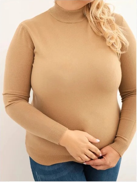 Dámsky sveter Plus Size z viskózy s rolákom camelový