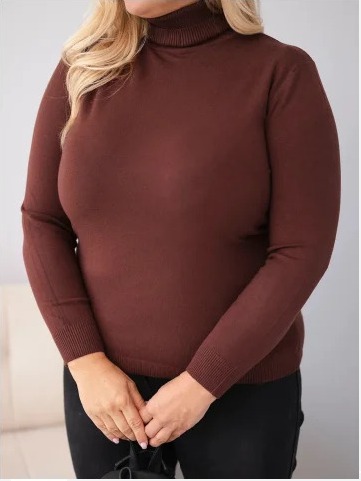 Dámsky viskózový pulóver Plus Size s rolákom klasického strihu tmavohnedý