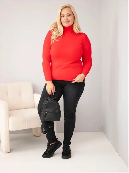 Dámsky viskózový sveter Plus Size s rolákom v klasickom strihu červený