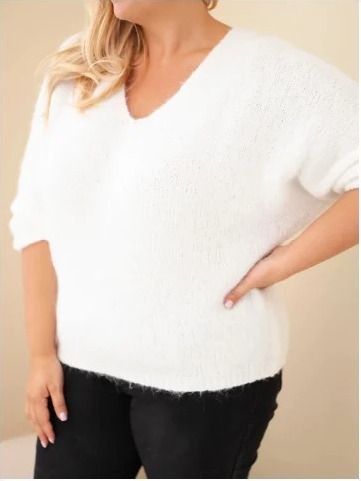 Dámsky sveter Plus Size s výstrihom do V a širokým rukávom ecru