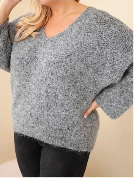 Dámsky sveter Plus Size s výstrihom do V a širokým rukávom sivý