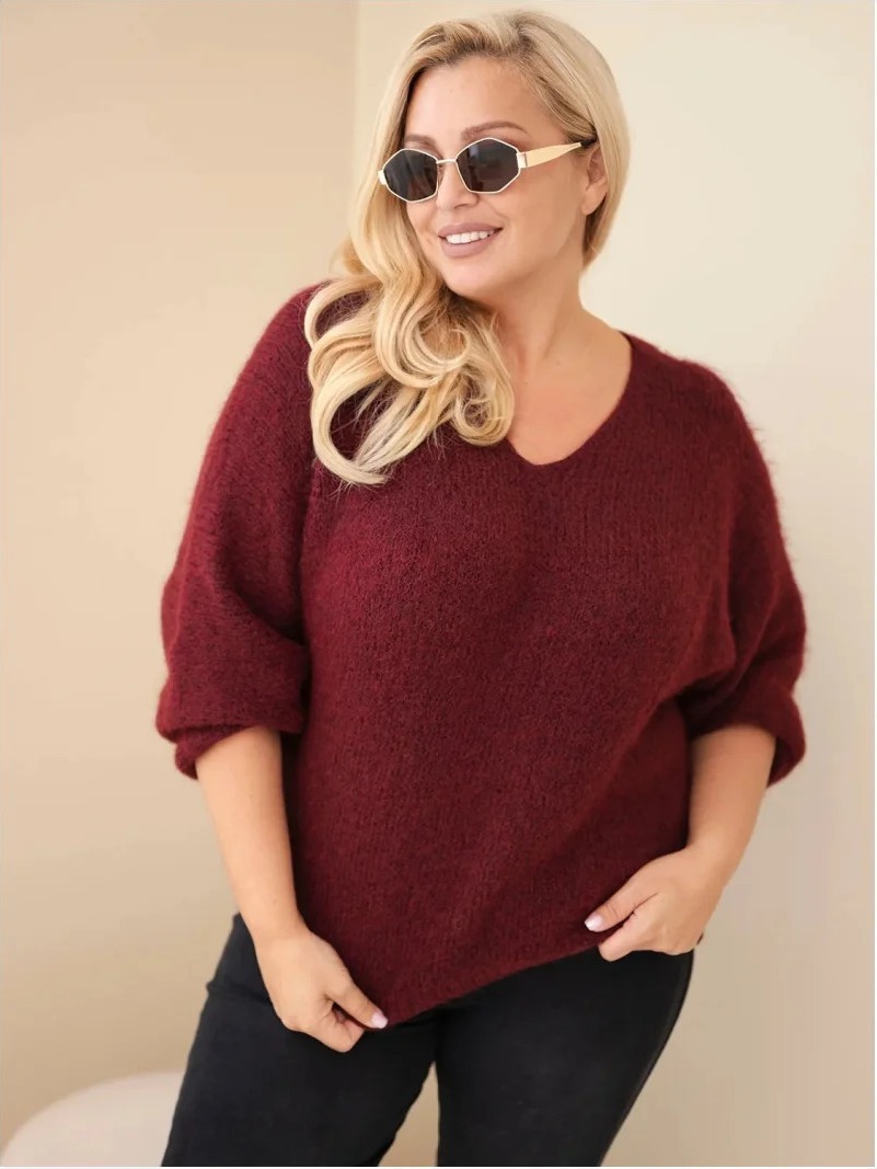 Dámsky sveter Plus Size s výstrihom do V a širokým rukávom bordový