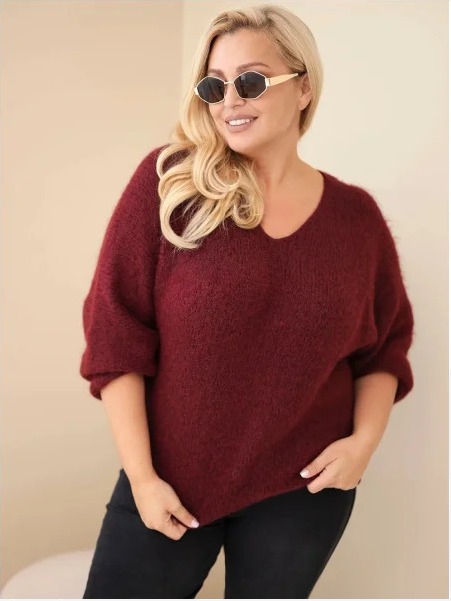 Dámsky sveter Plus Size s výstrihom do V a širokým rukávom bordový