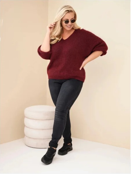 Dámsky sveter Plus Size s výstrihom do V a širokým rukávom bordový