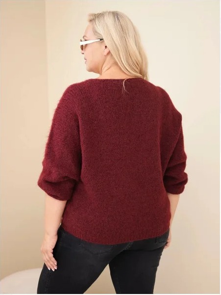 Dámsky sveter Plus Size s výstrihom do V a širokým rukávom bordový