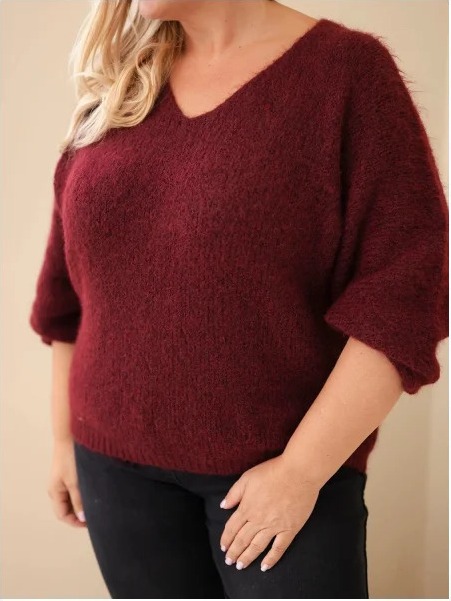 Dámsky sveter Plus Size s výstrihom do V a širokým rukávom bordový