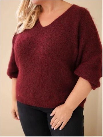 Dámsky sveter Plus Size s výstrihom do V a širokým rukávom bordový