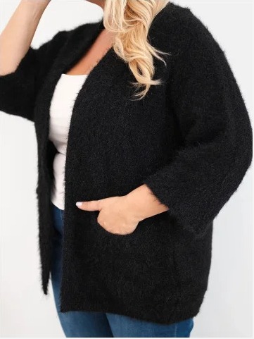 Dámsky sveter Plus Size s vreckami bez zapínania čierny