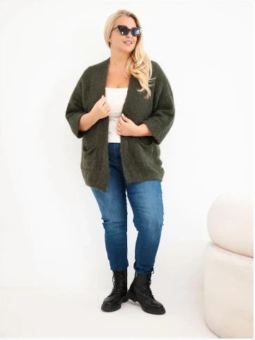 Dámsky sveter Plus Size s vreckami bez zapínania khaki