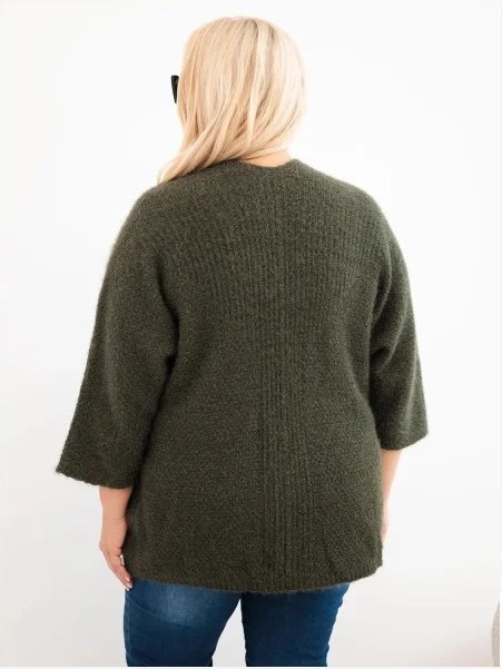 Dámsky sveter Plus Size s vreckami bez zapínania khaki
