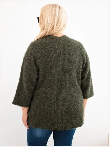Dámsky sveter Plus Size s vreckami bez zapínania khaki
