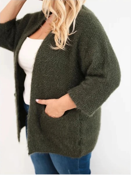Dámsky sveter Plus Size s vreckami bez zapínania khaki