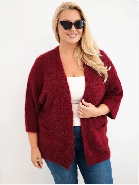 Dámsky sveter Plus Size s vreckami bez zapínania bordový červený