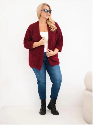 Dámsky sveter Plus Size s vreckami bez zapínania bordový červený