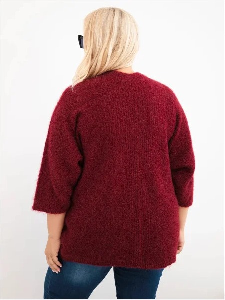 Dámsky sveter Plus Size s vreckami bez zapínania bordový červený