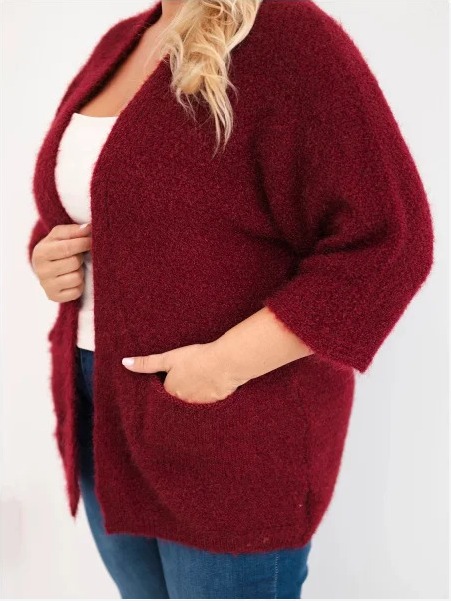 Dámsky sveter Plus Size s vreckami bez zapínania bordový červený