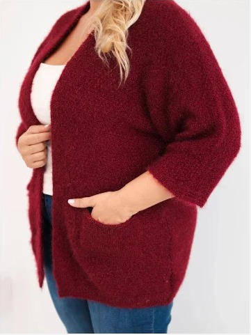 Dámsky sveter Plus Size s vreckami bez zapínania bordový červený