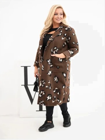 Elegantný dámsky kabát Plus Size s klopami v leopardí vzor hnedej