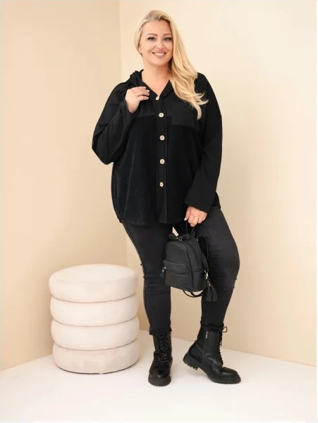 Dámska bavlnená mikina Plus Size s kapucňou a gombíkmi čierna