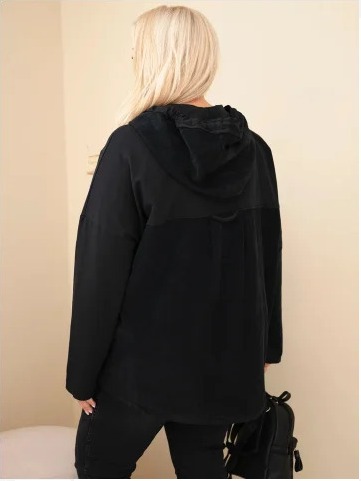 Dámska bavlnená mikina Plus Size s kapucňou a gombíkmi čierna