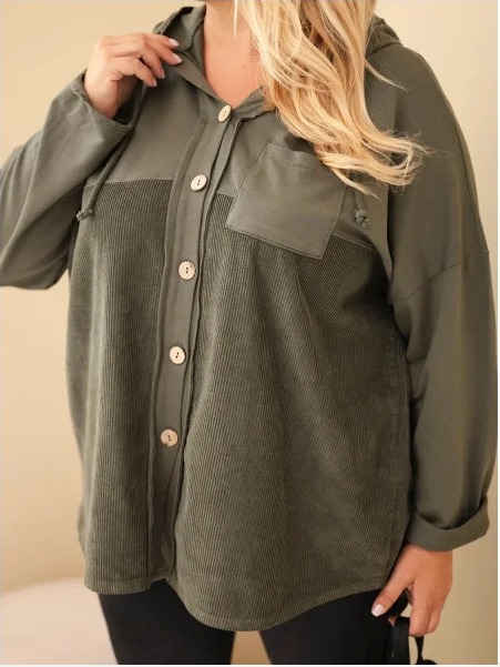 Dámska bavlnená mikina Plus Size s kapucňou a gombíkmi khaki