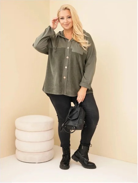 Dámska bavlnená mikina Plus Size s kapucňou a gombíkmi khaki